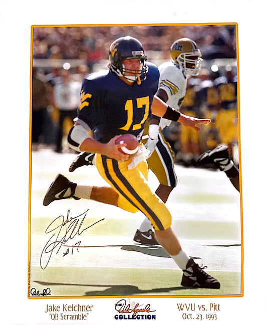 Jake Kelchner #17 “QB Scramble” WVU vs. Pitt Signed - 20x24 Print, Mat & Frame - Limited Stock